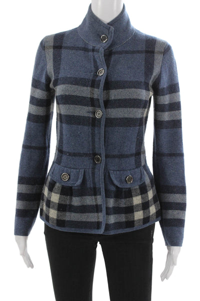 Burberry London Women Blue Plaid Wool Blend Basic Jacket Size 40