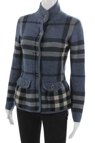 Burberry London Women Blue Plaid Wool Blend Basic Jacket Size 40
