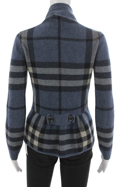 Burberry London Women Blue Plaid Wool Blend Basic Jacket Size 40