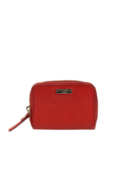 Kate Spade New York Womens Leather Ostrich Print Zip Around Coin Wallet Red