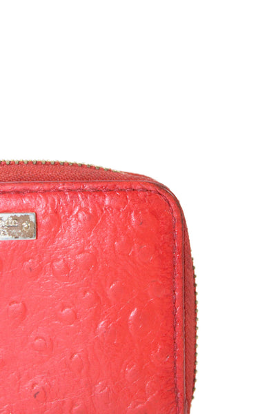 Kate Spade New York Womens Leather Ostrich Print Zip Around Coin Wallet Red
