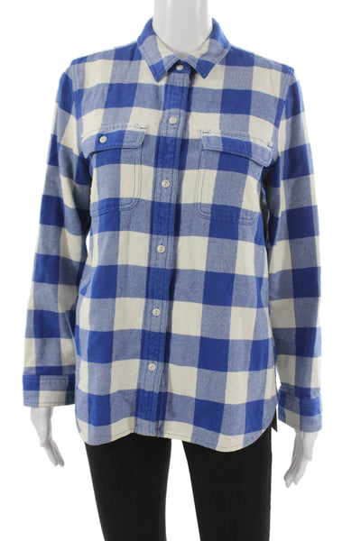 Madewell Women Plaid Collared Cotton Button-Up Shirt Blue Long Sleeve Size M