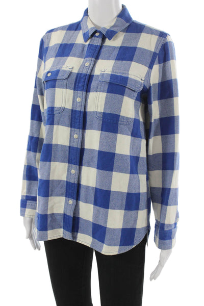 Madewell Women Plaid Collared Cotton Button-Up Shirt Blue Long Sleeve Size M