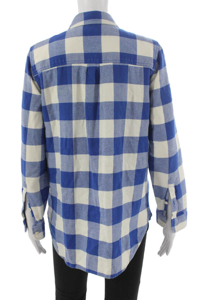 Madewell Women Plaid Collared Cotton Button-Up Shirt Blue Long Sleeve Size M