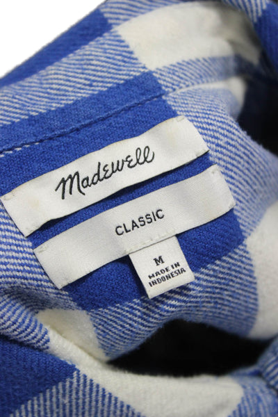 Madewell Women Plaid Collared Cotton Button-Up Shirt Blue Long Sleeve Size M
