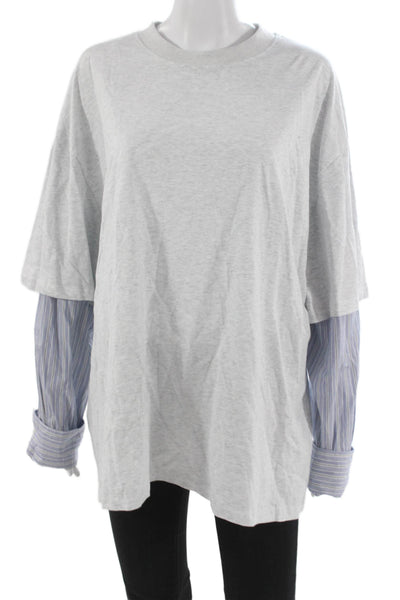 Lion Women Tunic Gray Striped Cotton Crew Neck Long Sleeve Pullover Size M