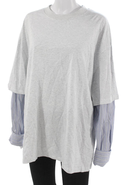 Lion Women Tunic Gray Striped Cotton Crew Neck Long Sleeve Pullover Size M