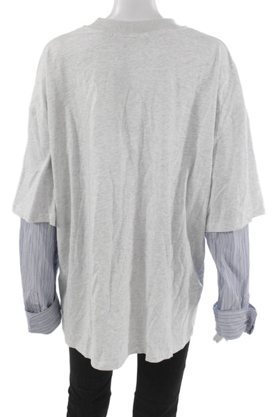 Lion Women Tunic Gray Striped Cotton Crew Neck Long Sleeve Pullover Size M