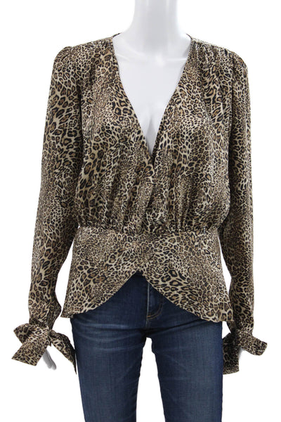 Ronny Kobo Women Wrap Blouse Brown Animal Print V-Neck Long Sleeve Size S