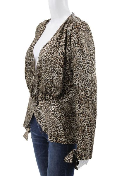 Ronny Kobo Women Wrap Blouse Brown Animal Print V-Neck Long Sleeve Size S