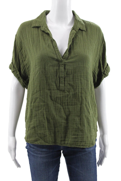 Xirena Womens Basic Collared Cotton Blouse Short Sleeve Green Size S