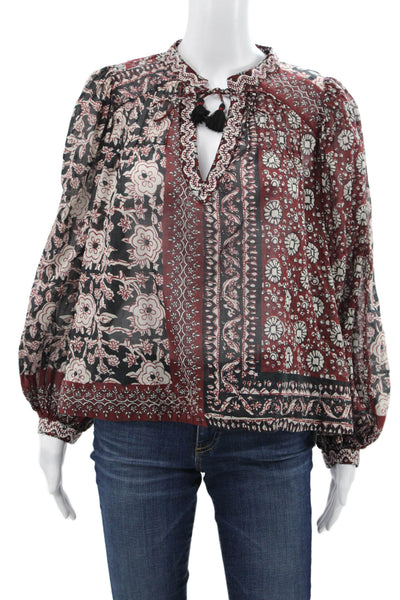 Sea New York Womens Boho Floral V-Neck Cotton Tie Long Sleeve Blouse Size XS