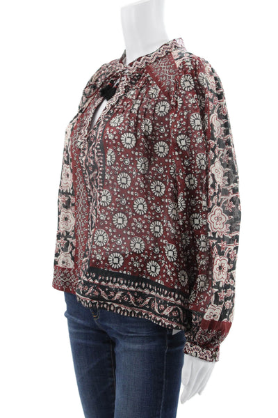 Sea New York Womens Boho Floral V-Neck Cotton Tie Long Sleeve Blouse Size XS