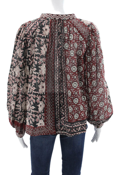 Sea New York Womens Boho Floral V-Neck Cotton Tie Long Sleeve Blouse Size XS