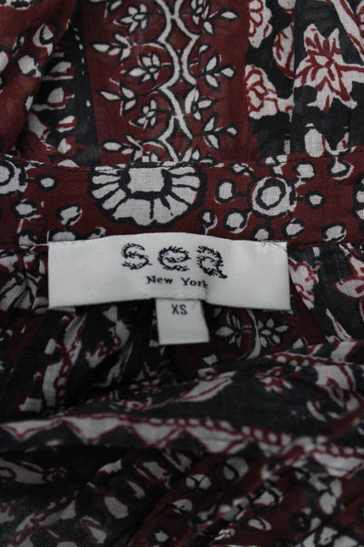 Sea New York Womens Boho Floral V-Neck Cotton Tie Long Sleeve Blouse Size XS