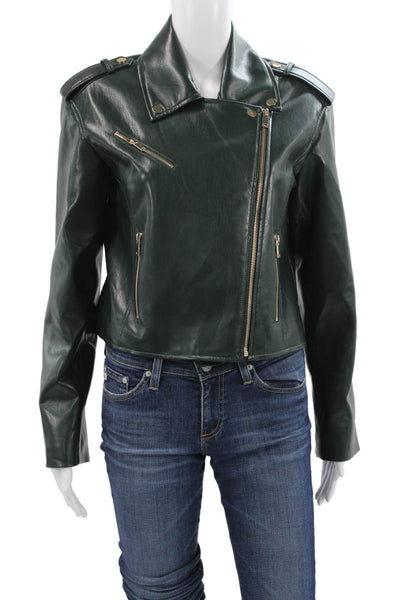Generation Love Womens Biker Jacket Green Zip Polyurethane Long Sleeve Size M