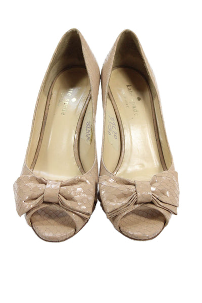 Kate Spade New York Womens Snakeskin Print Bow Peep Toe Pumps Beige Size 7 B
