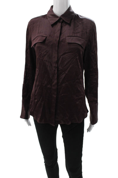 Zara Women Basic Satin Collared Button-Up Long Sleeve Red Top Size M