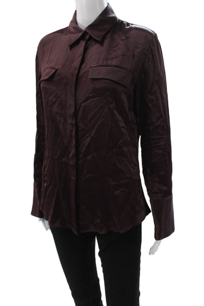 Zara Women Basic Satin Collared Button-Up Long Sleeve Red Top Size M