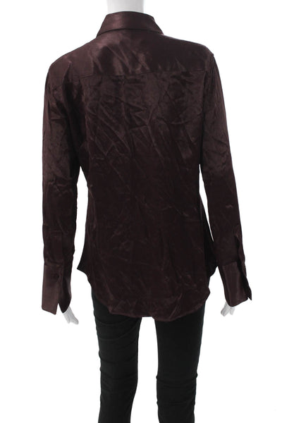 Zara Women Basic Satin Collared Button-Up Long Sleeve Red Top Size M