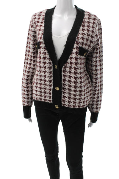 Maeve Anthropologie Women Cardigan Burgundy Houndstooth Long Sleeve Size M