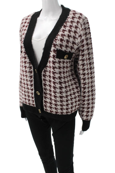 Maeve Anthropologie Women Cardigan Burgundy Houndstooth Long Sleeve Size M