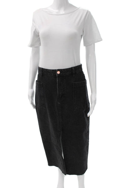 Zara Women Black Denim Straight Pencil Skirt Long Button Size S