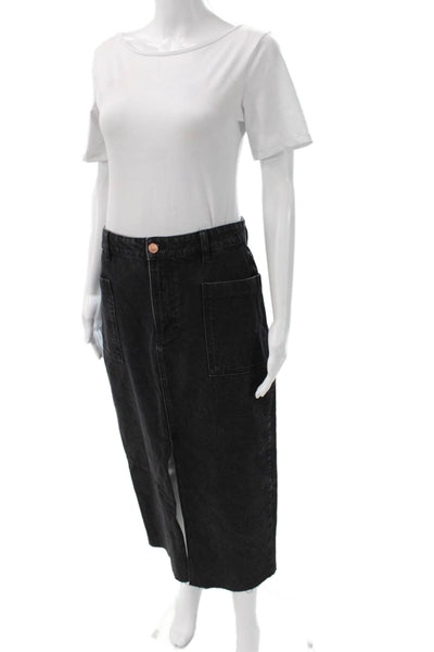 Zara Women Black Denim Straight Pencil Skirt Long Button Size S