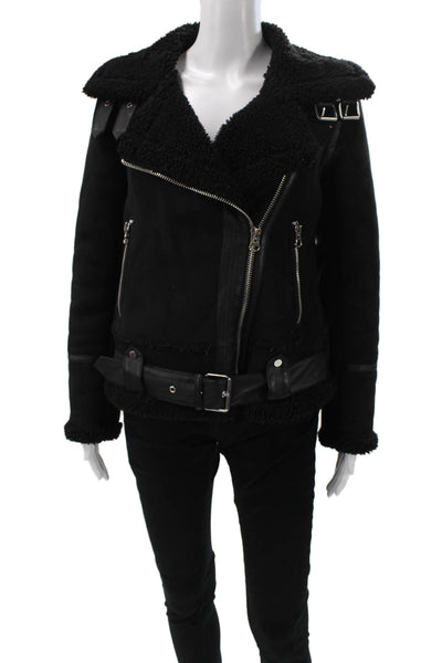 Zara Womens Biker Jacket Black Polyester Buckle Long Sleeve Size XS