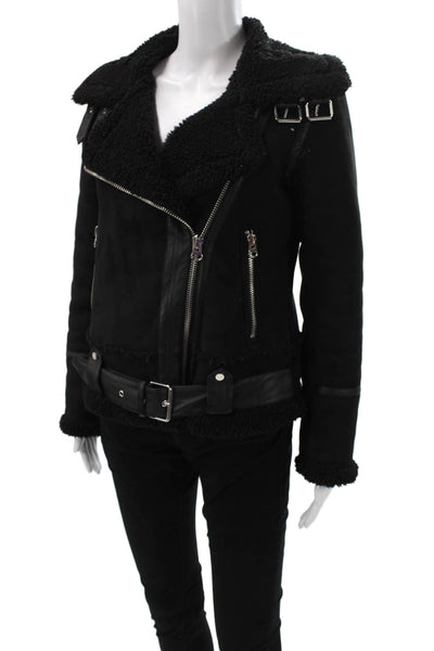 Zara Womens Biker Jacket Black Polyester Buckle Long Sleeve Size XS