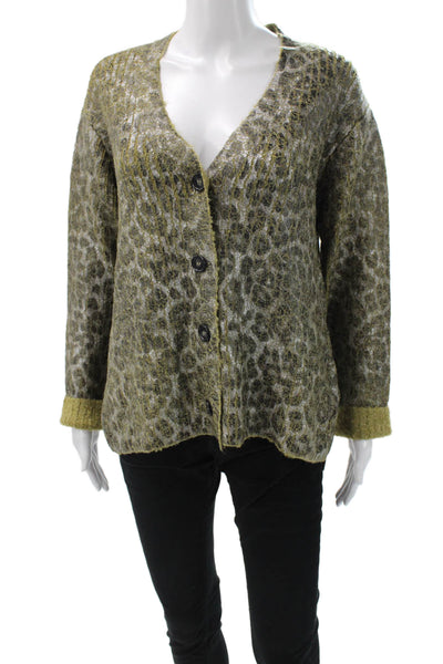 Zara Women Cardigan V-Neck Green Animal Print Acrylic Blend Size S