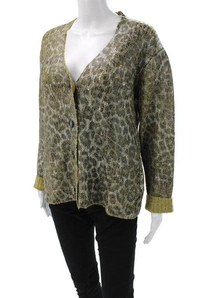 Zara Women Cardigan V-Neck Green Animal Print Acrylic Blend Size S