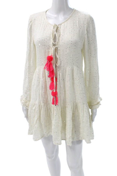 Sundress Women Shift Dress White Sequin Long Sleeve Viscose Mini Size XS