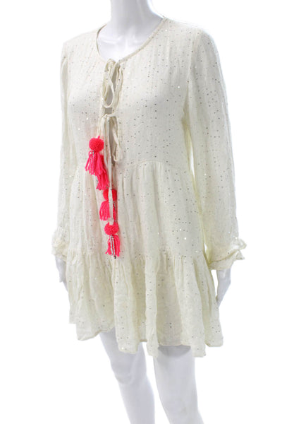 Sundress Women Shift Dress White Sequin Long Sleeve Viscose Mini Size XS