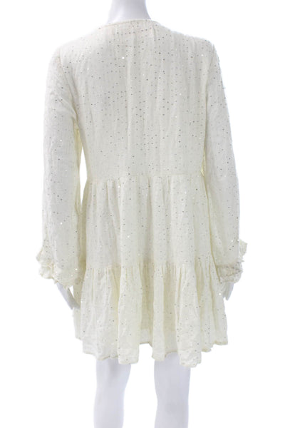 Sundress Women Shift Dress White Sequin Long Sleeve Viscose Mini Size XS