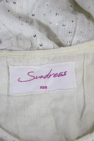 Sundress Women Shift Dress White Sequin Long Sleeve Viscose Mini Size XS