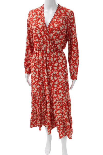 Zara Women Fit & Flare Red Floral V-Neck Long Sleeve Maxi Dress Size XS
