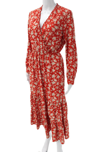 Zara Women Fit & Flare Red Floral V-Neck Long Sleeve Maxi Dress Size XS