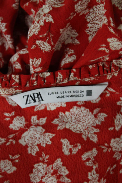 Zara Women Fit & Flare Red Floral V-Neck Long Sleeve Maxi Dress Size XS
