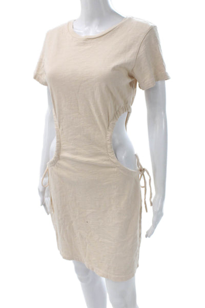 LNA Women Tshirt Dress Beige Cotton Short Sleeve Round Neck Knee Length Size XS