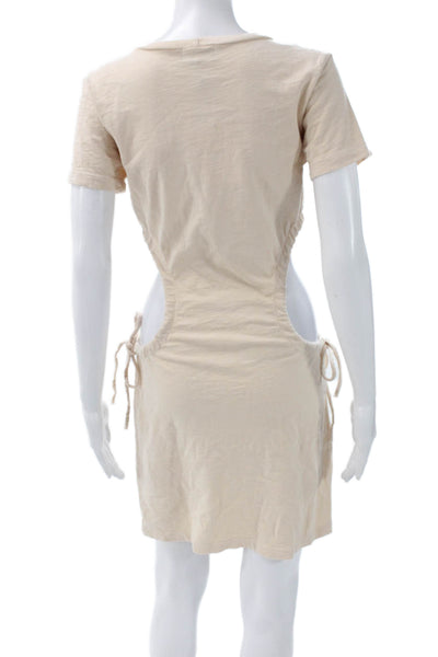 LNA Women Tshirt Dress Beige Cotton Short Sleeve Round Neck Knee Length Size XS