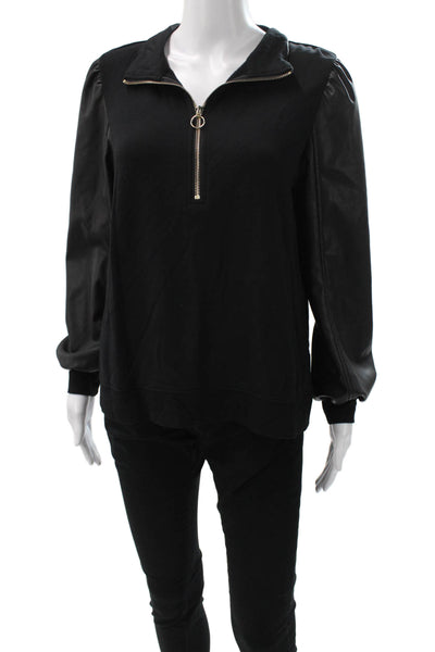 Generation Love Womens Faux Leather Collared Zip Sweatshirt Black Size M