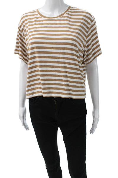 LNA Womens Basic Brown Striped Crew Neck Short Sleeve T-Shirt Size M