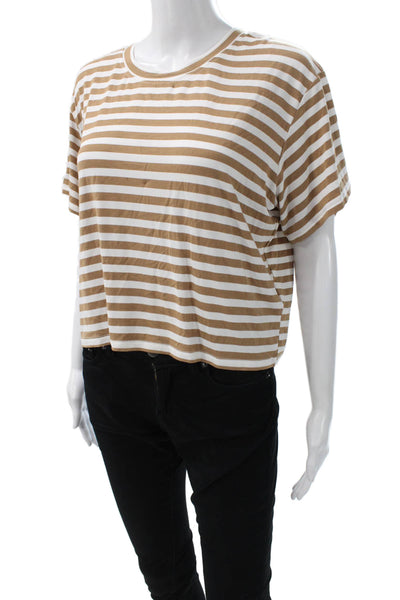 LNA Womens Basic Brown Striped Crew Neck Short Sleeve T-Shirt Size M