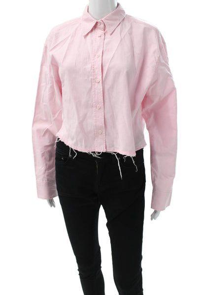 Zara Womens Cropped Button-Up Collared Cotton Long Sleeve Pink Top Size S