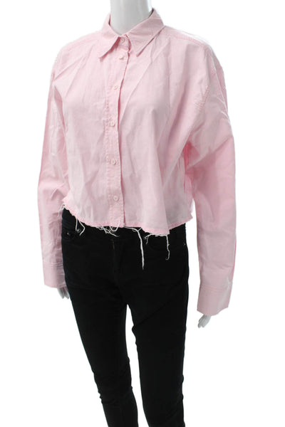 Zara Womens Cropped Button-Up Collared Cotton Long Sleeve Pink Top Size S