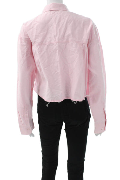 Zara Womens Cropped Button-Up Collared Cotton Long Sleeve Pink Top Size S