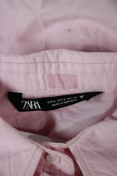 Zara Womens Cropped Button-Up Collared Cotton Long Sleeve Pink Top Size S