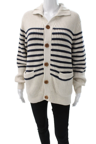 J Crew Women Cardigan Blue Striped Cotton Collared Long Sleeve Size S