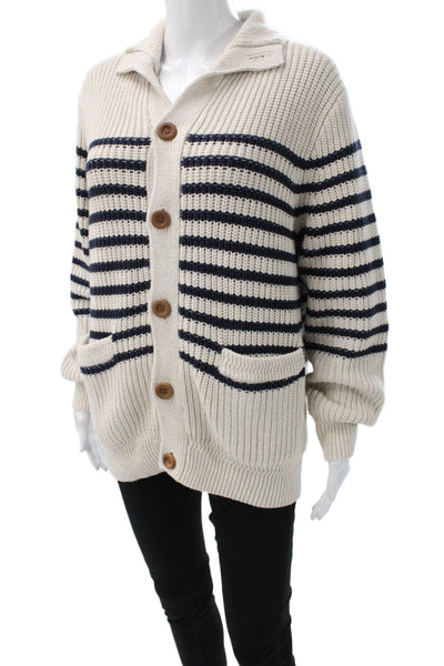 J Crew Women Cardigan Blue Striped Cotton Collared Long Sleeve Size S